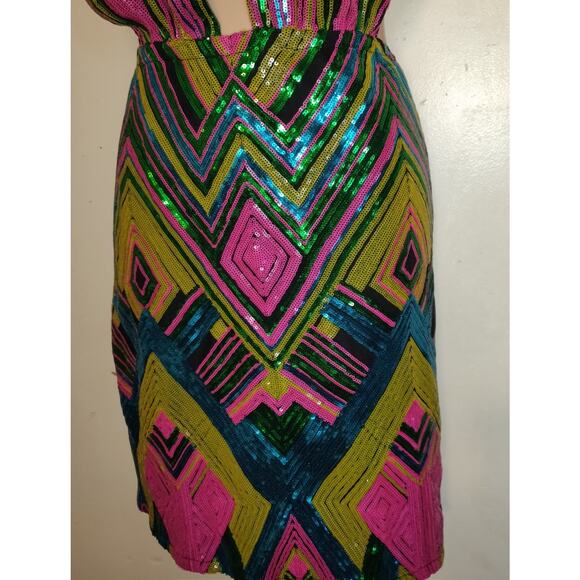 Sexy Multicolor Sequin Mini Dress Plunging Halter 1XL Open Back Retro Club Party - Picture 5 of 16